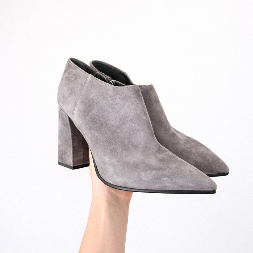 Marc Fisher Jayla Block Heel Suede Pointed-Toe Bootie Gray 8.5